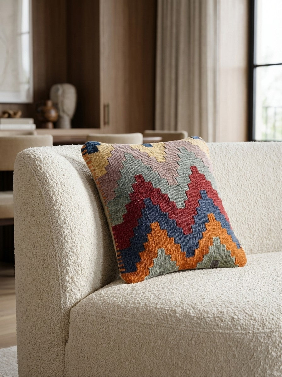 Kelim Kissen — Handmade, 40x40 cm, Multicolor, 100% Virgin Wool | Detail view