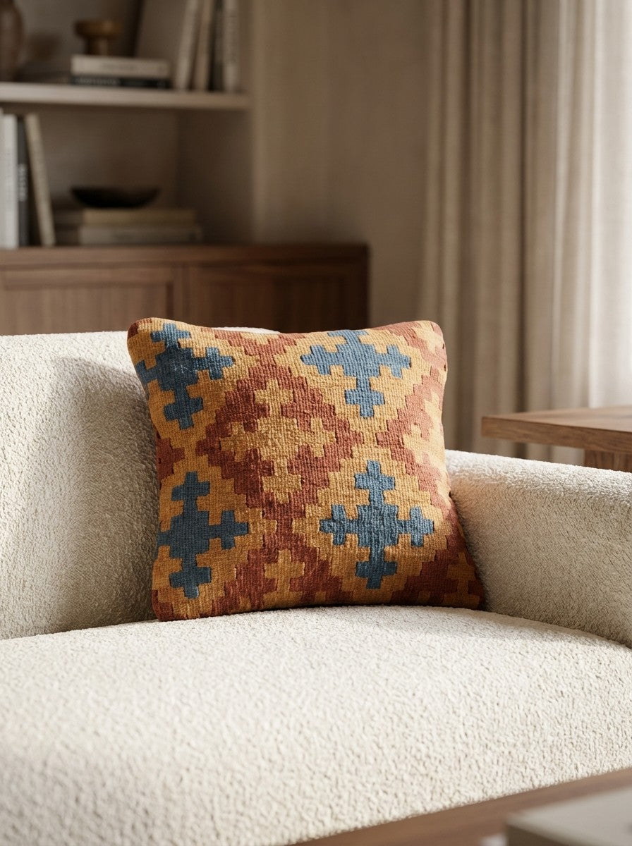 Kelim Kissen — Handmade, 40x40 cm, Multicolor, 100% Virgin Wool | Detail view