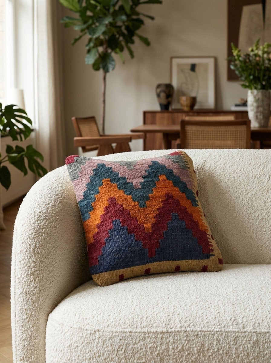 Kelim Kissen — Handgefertigt, 40x40 cm, Bunt, 100% Virgin Wool | Detail view