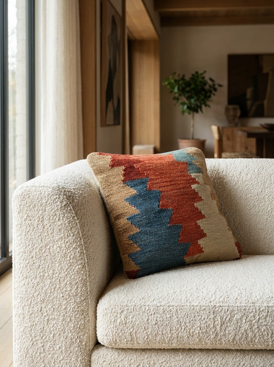 Kelim Kissen — Handmade, 40x40 cm, Multicolor, 100% Virgin Wool | Detail view