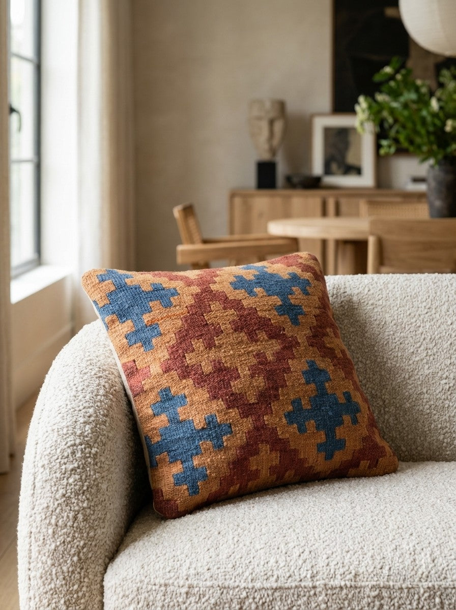 Kelim Kissen — Handmade, 40x40 cm, Multicolor, 100% Virgin Wool | Detail view