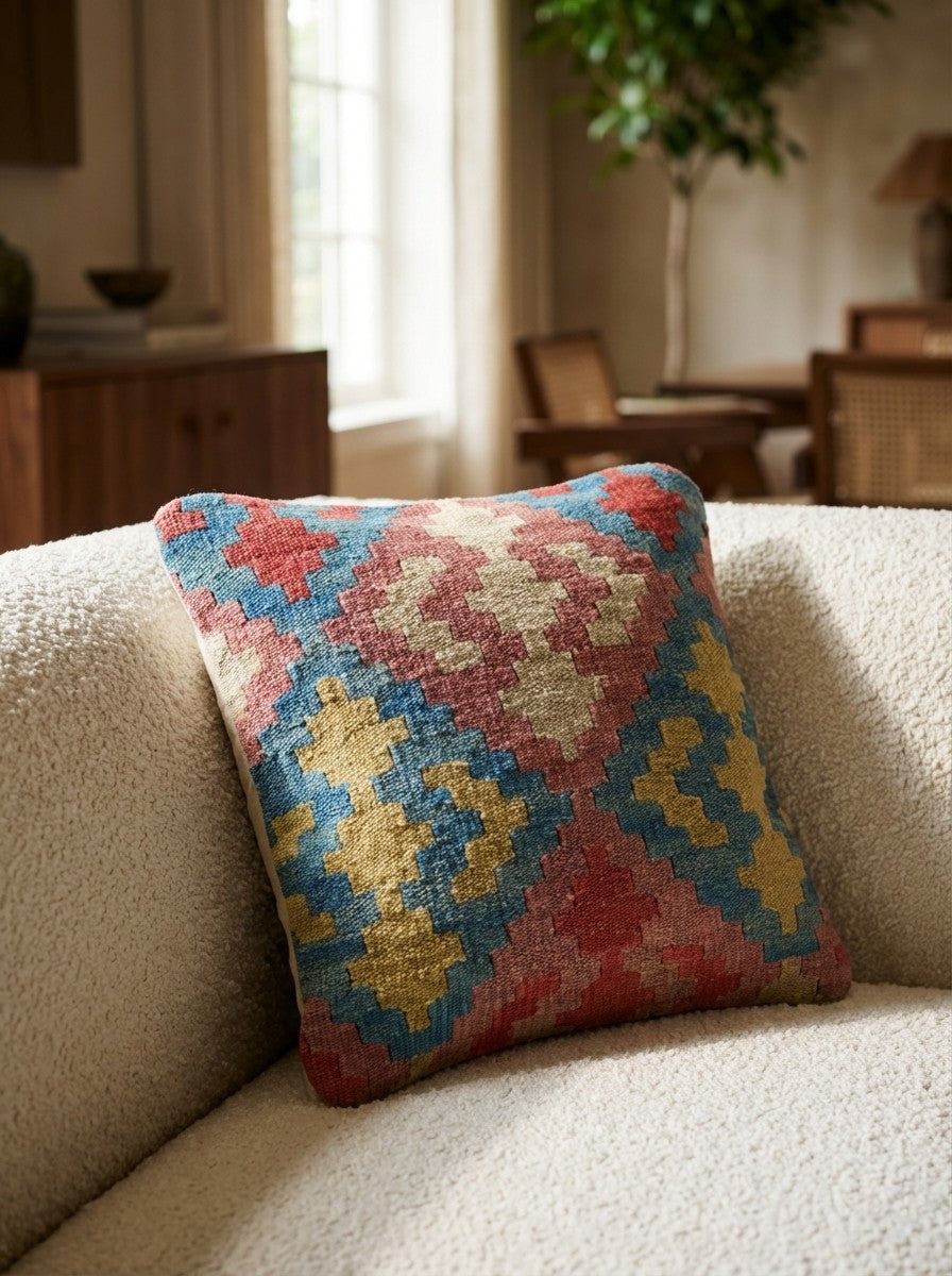 Kelim Kissen — Handmade, 40x40 cm, Multicolor, 100% Virgin Wool | Detail view