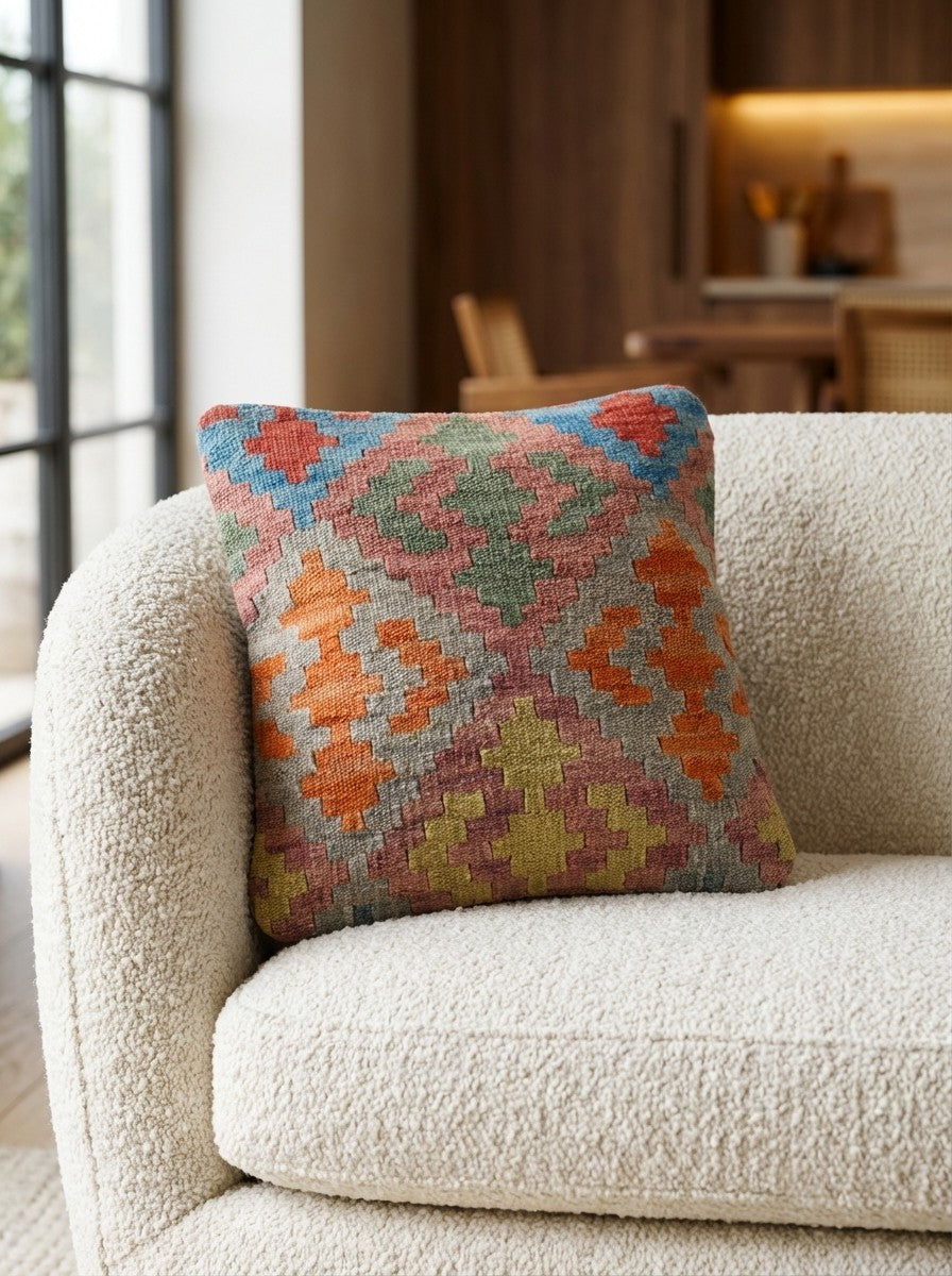 Kelim Kissen — Handmade, 40x40 cm, Multicolor, 100% Virgin Wool | Detail view