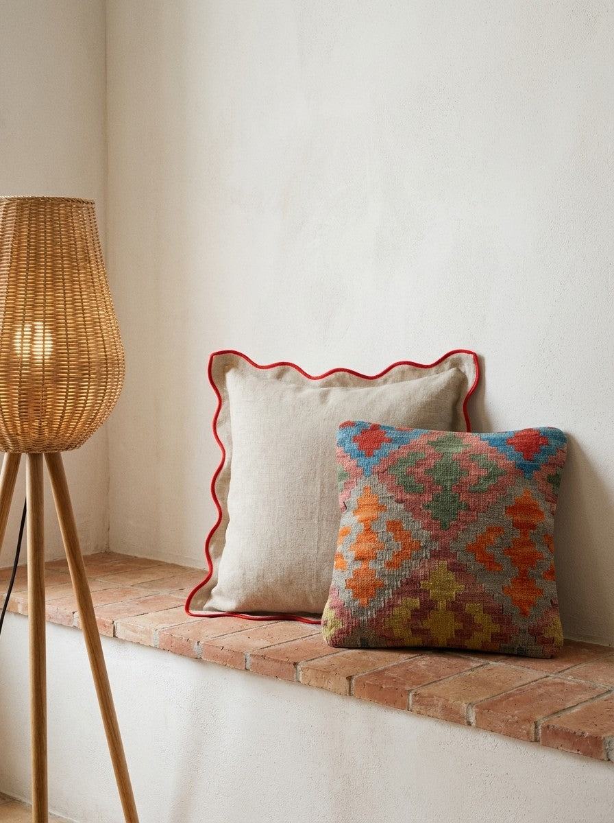 Kelim Kissen — Handmade, 40x40 cm, Multicolor, 100% Virgin Wool | Back view