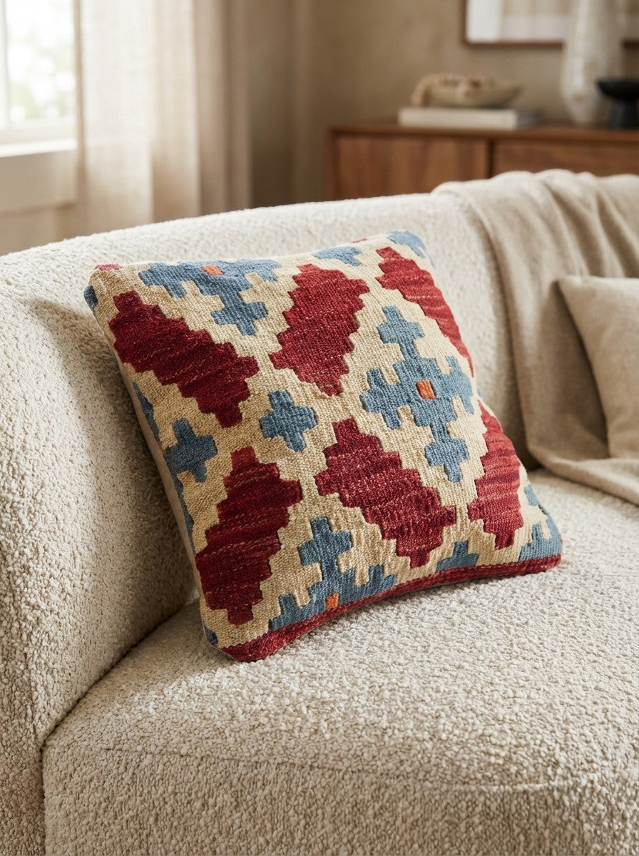 Kelim Kissen — Handmade, 40x40 cm, Multicolor, 100% Virgin Wool | Detail view