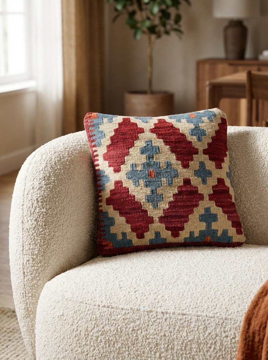 Kelim Kissen — Handmade, 40x40 cm, Multicolor, 100% Virgin Wool | Detail view