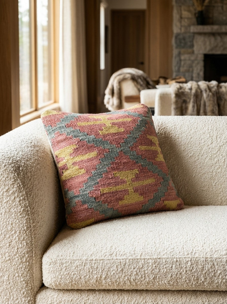 Kelim Kissen — Handmade, 40x40 cm, Multicolor, 100% Virgin Wool | Detail view