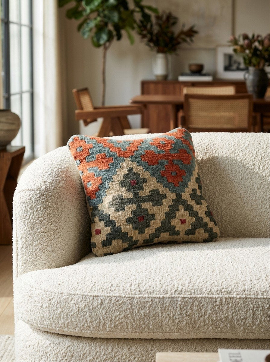 Kelim Kissen — Handgefertigt, 40x40 cm, Bunt, 100% Virgin Wool | Detail view