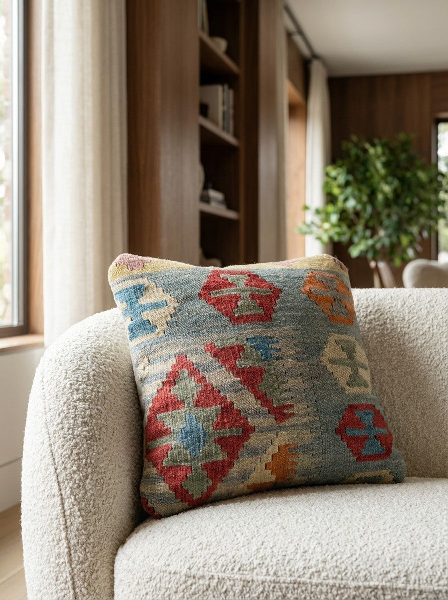 Kelim Kissen — Handmade, 40x40 cm, Multicolor, 100% Virgin Wool | Detail view
