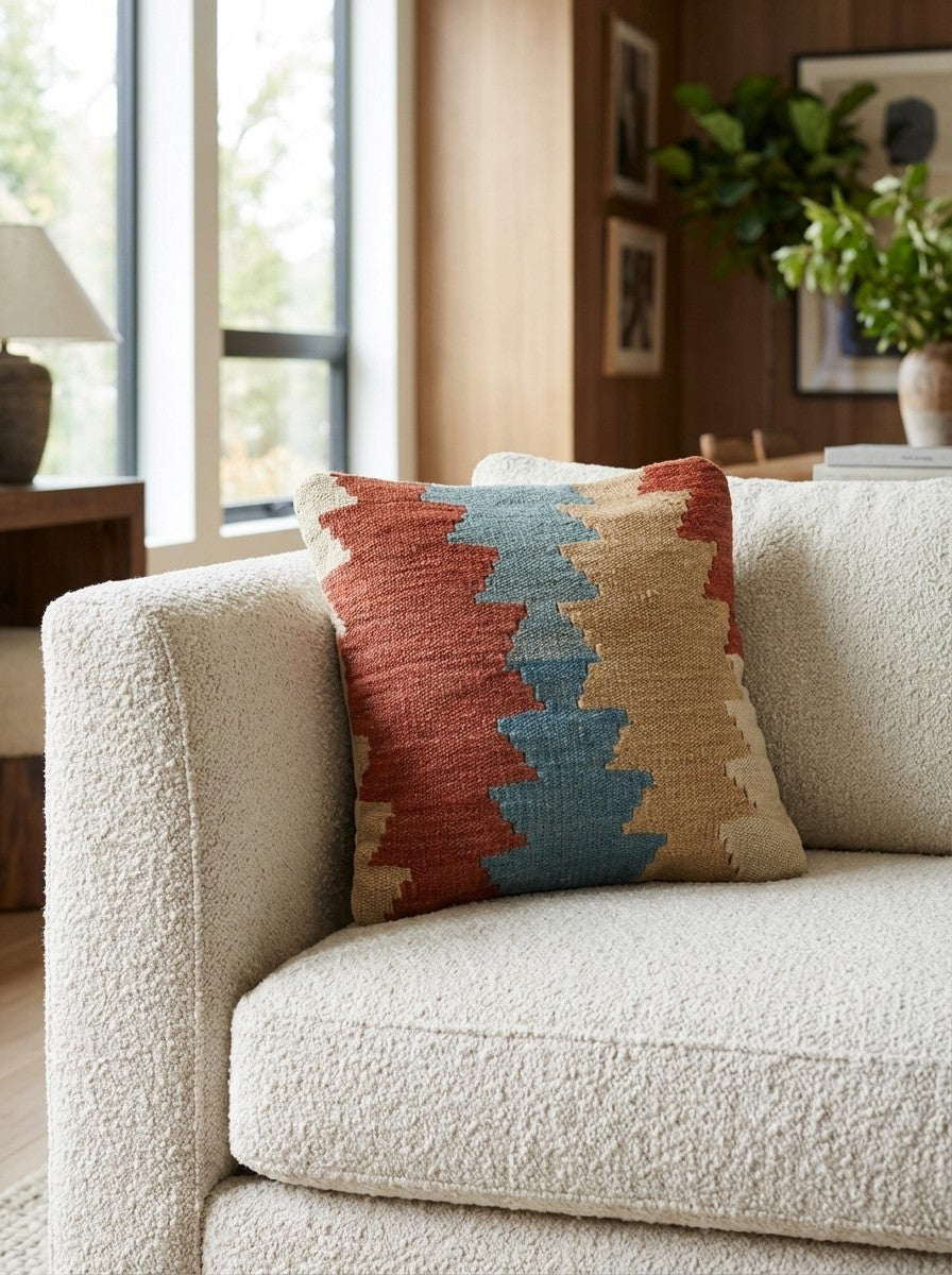 Kelim Kissen — Handmade, 40x40 cm, Multicolor, 100% Virgin Wool | Detail view