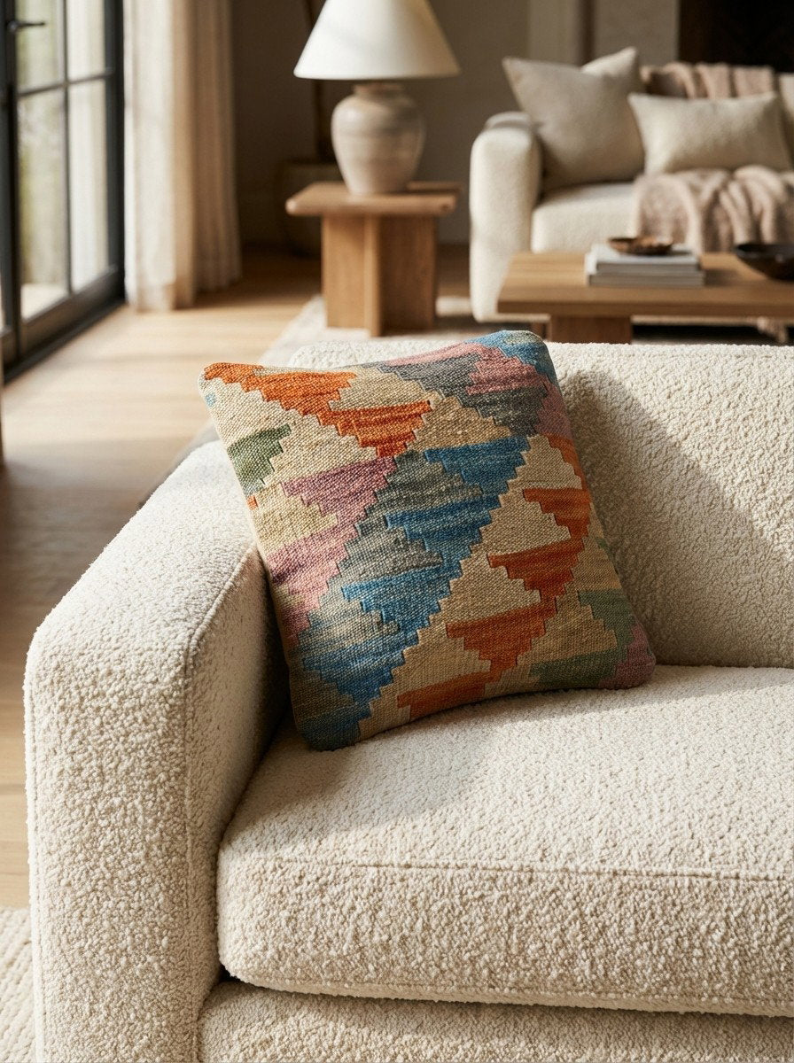 Kelim Kissen — Handgefertigt, 40x40 cm, Bunt, 100% Virgin Wool | Detail view