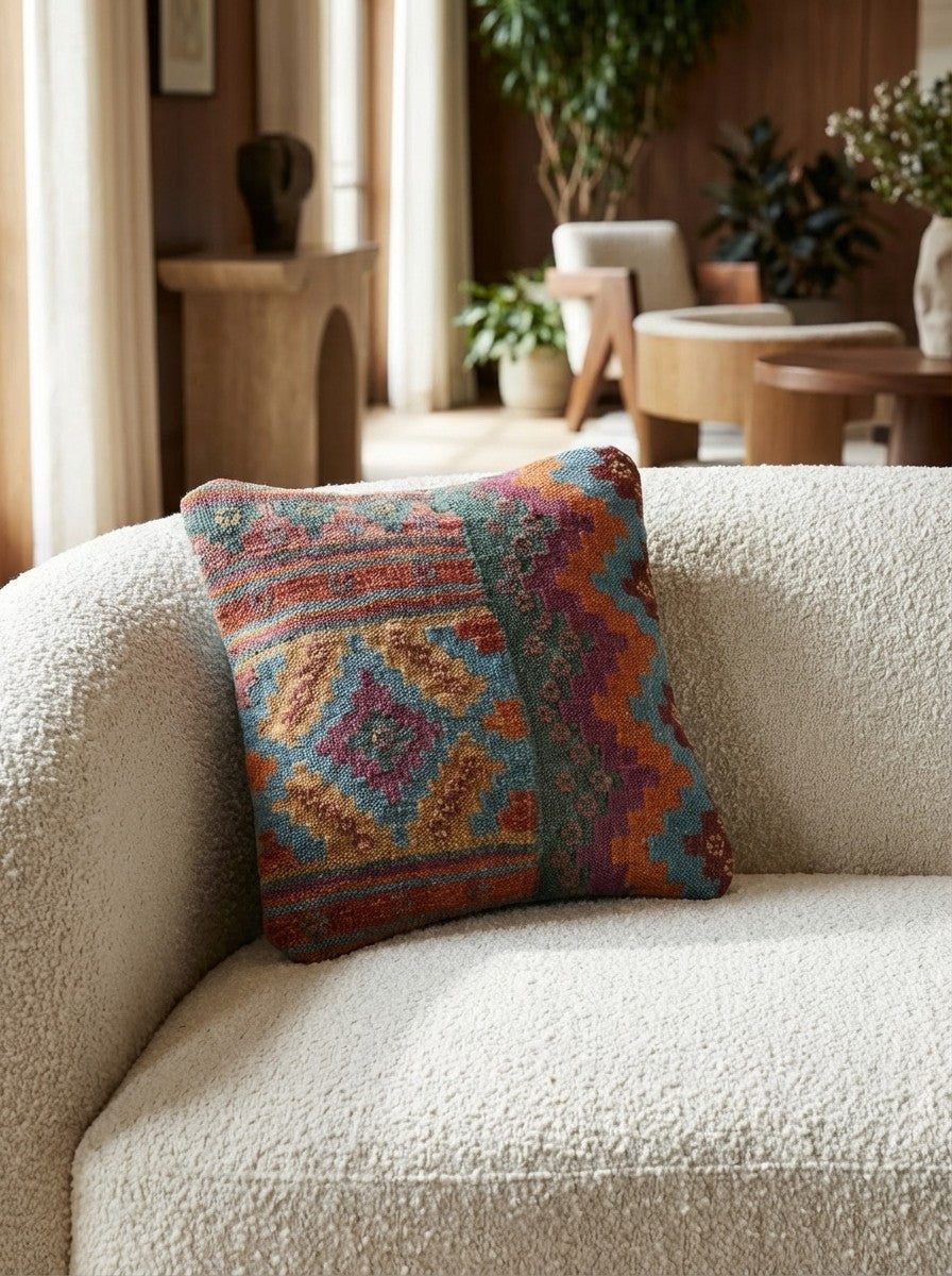 Kelim Kissen — Handmade, 40x40 cm, Multicolor, 100% Virgin Wool | Detail view