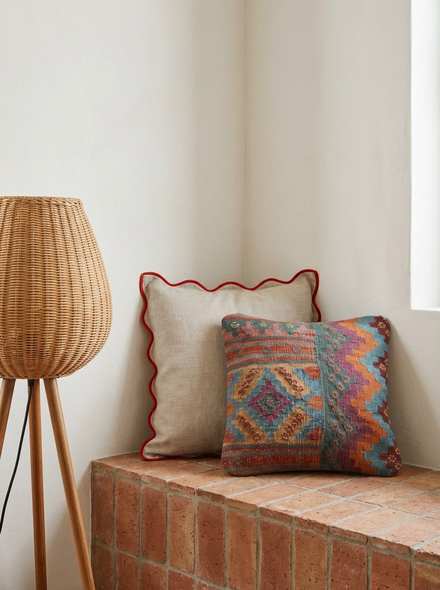 Kelim Kissen — Handmade, 40x40 cm, Multicolor, 100% Virgin Wool | Back view