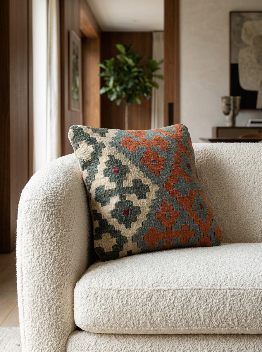 Kelim Kissen — Handmade, 40x40 cm, Multicolor, 100% Virgin Wool | Detail view