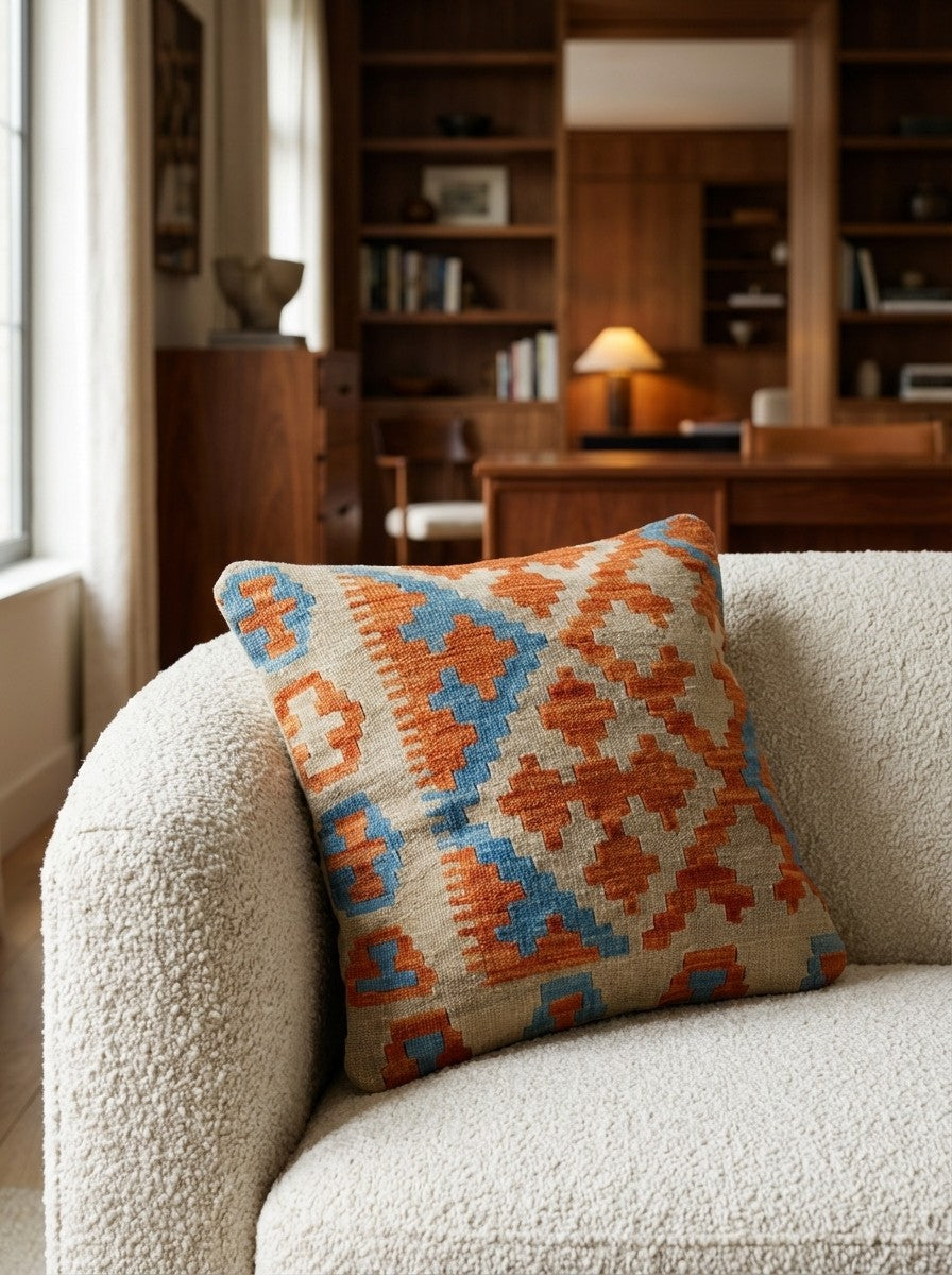 Kelim Kissen — Handmade, 50x50 cm, Multicolor, 100% Virgin Wool | Detail view