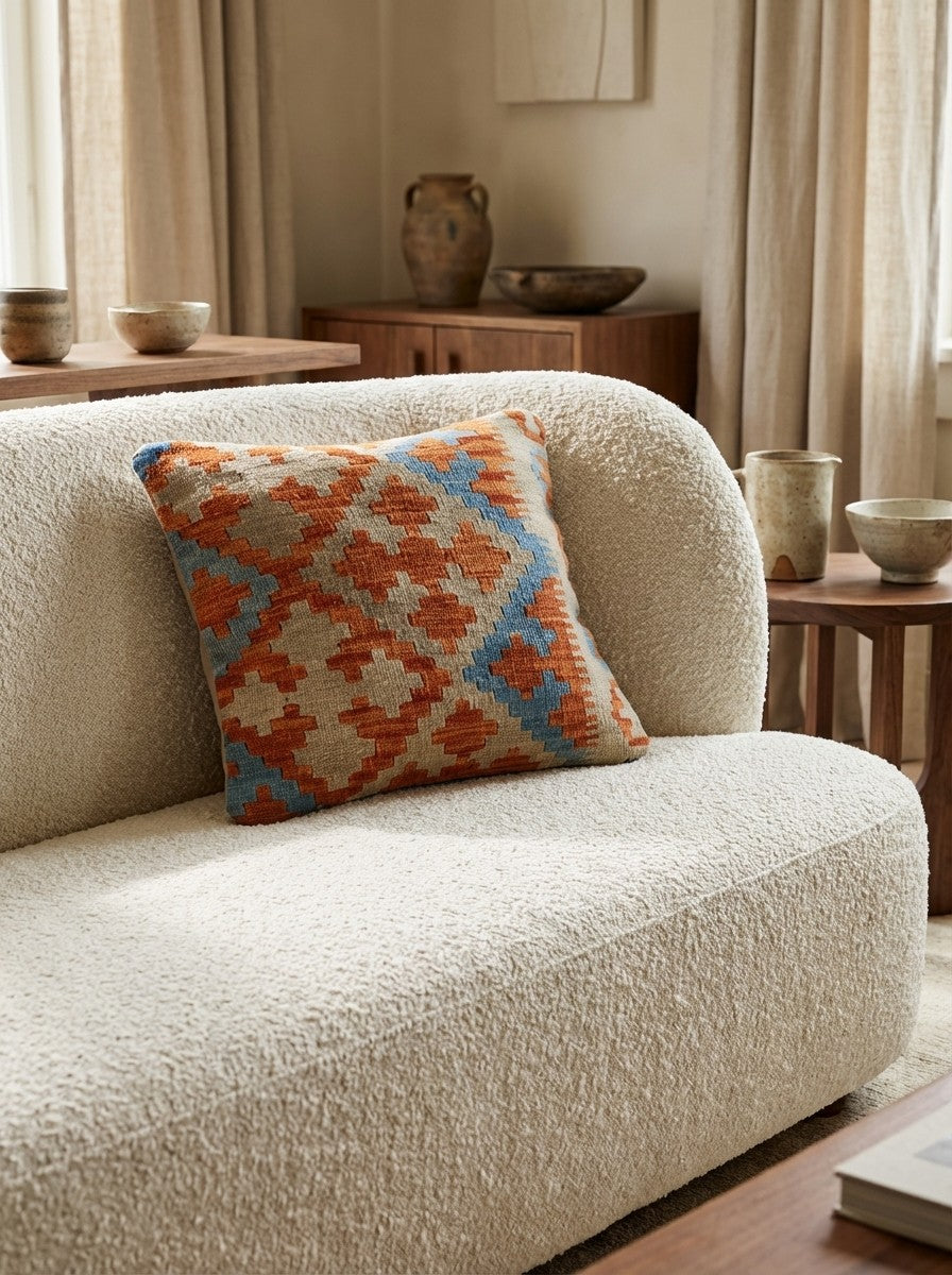 Kelim Kissen — Handmade, 50x50 cm, Multicolor, 100% Virgin Wool | Detail view