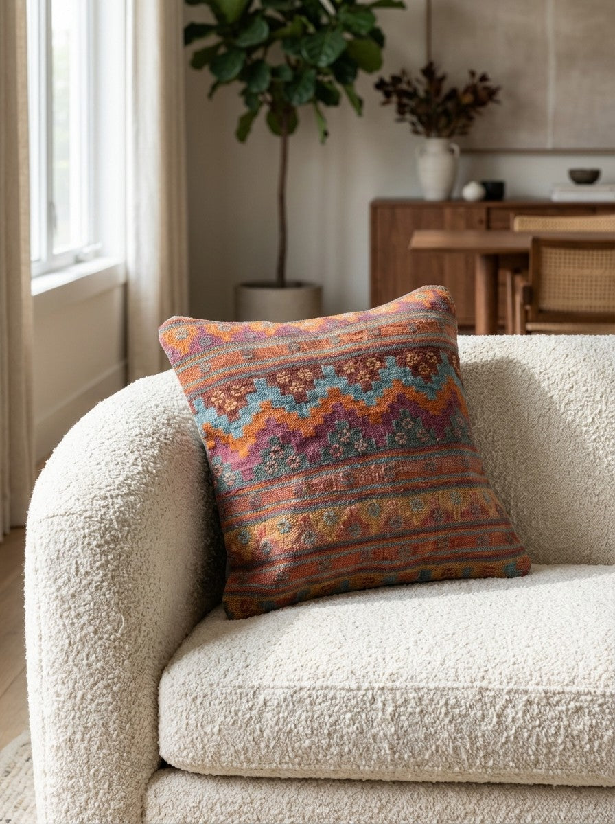 Kelim Kissen — Handmade, 50x50 cm, Multicolor, 100% Virgin Wool | Detail view