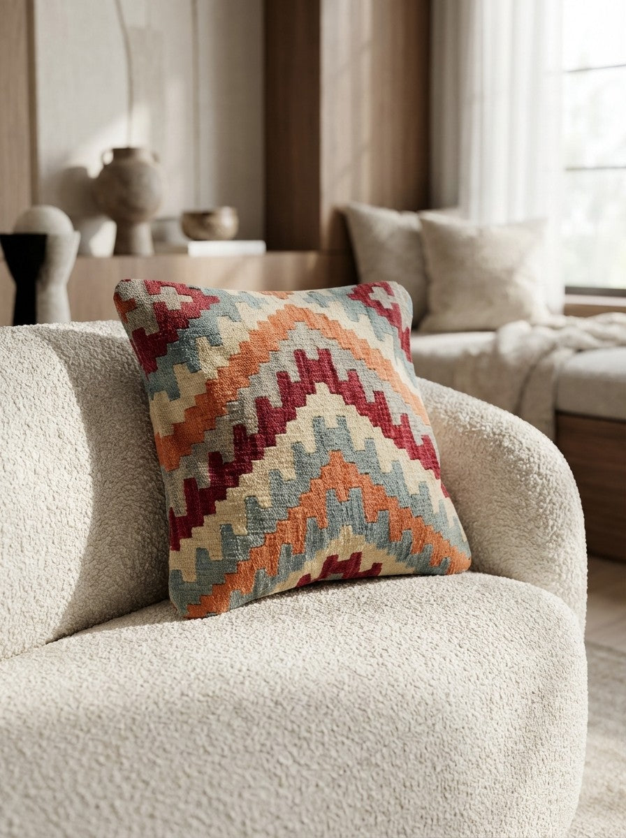 Kelim Kissen — Handmade, 50x50 cm, Multicolor, 100% Virgin Wool | Detail view