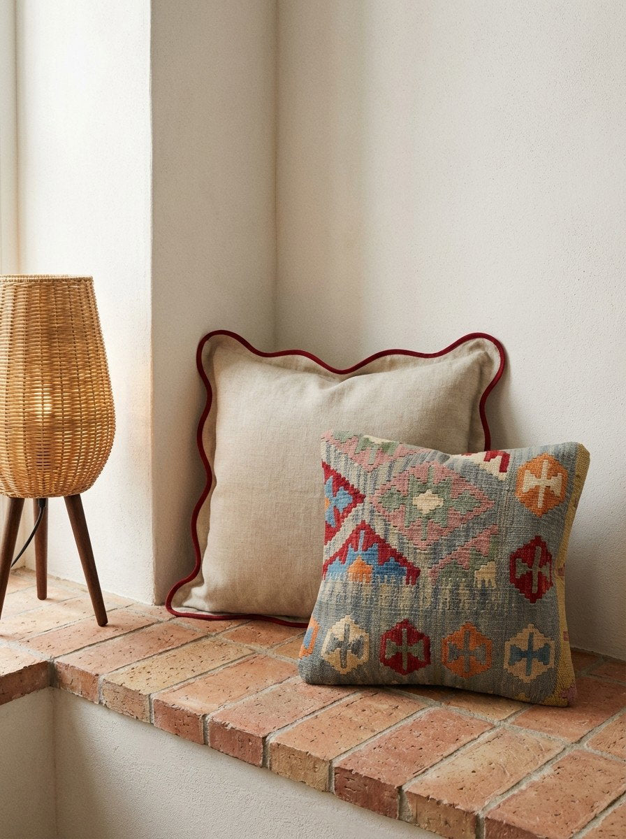 Kelim Kissen — Handgefertigt, 50x50 cm, Bunt, 100% Virgin Wool | Back view