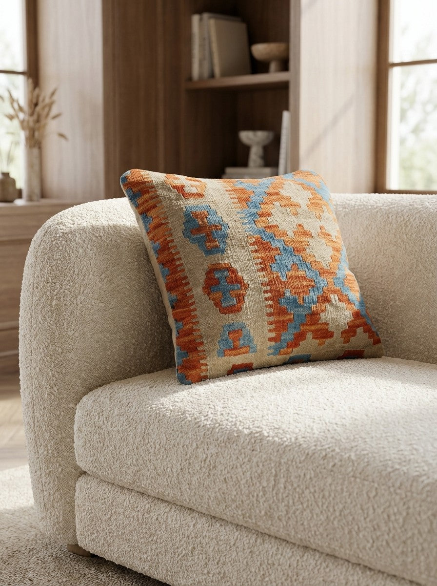 Kelim Kissen — Handmade, 50x50 cm, Multicolor, 100% Virgin Wool | Detail view