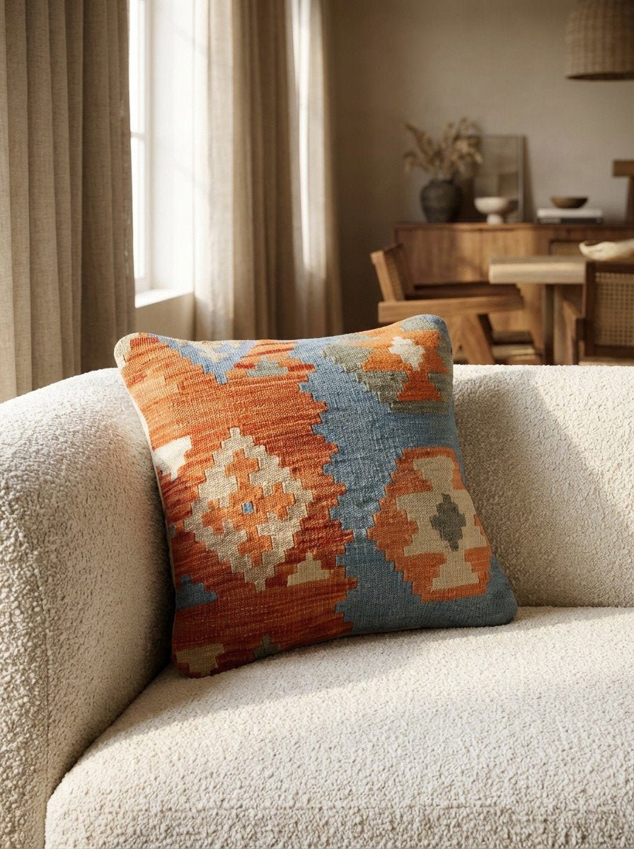 Kelim Kissen — Handgefertigt, 50x50 cm, Bunt, 100% Virgin Wool | Detail view