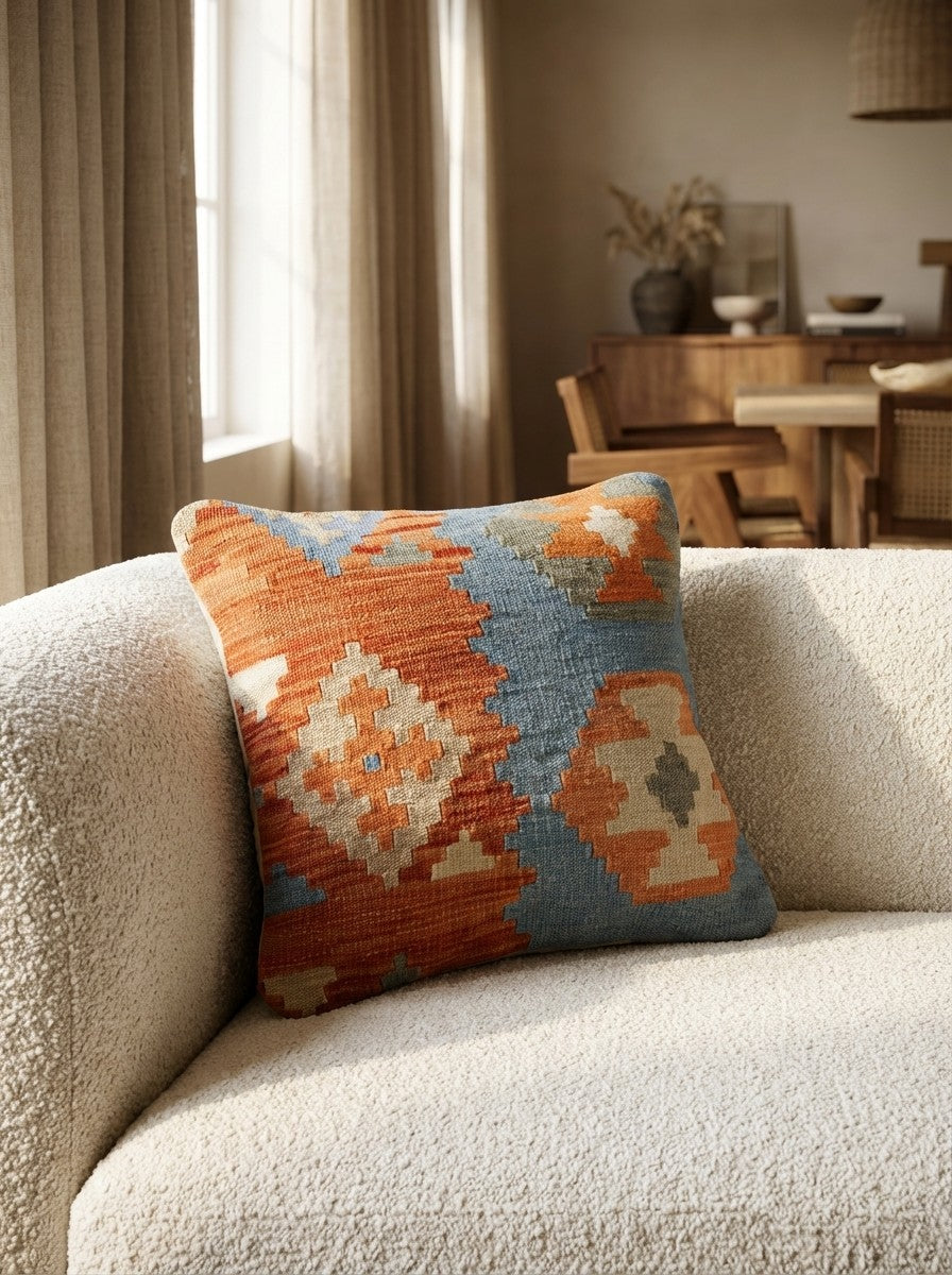 Kelim Kissen — Handmade, 50x50 cm, Multicolor, 100% Virgin Wool | Detail view
