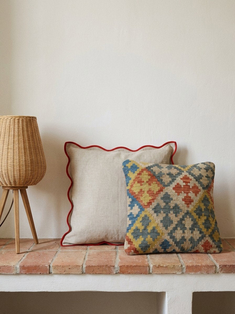 Kelim Kissen — Handgefertigt, 50x50 cm, Bunt, 100% Virgin Wool | Back view