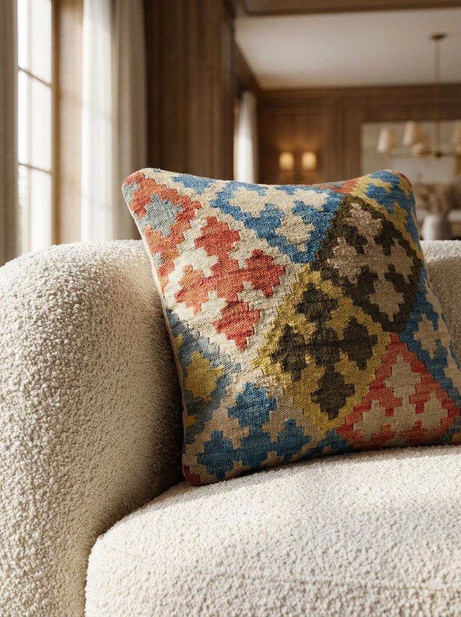 Kelim Kissen — Handmade, 50x50 cm, Multicolor, 100% Virgin Wool | Detail view