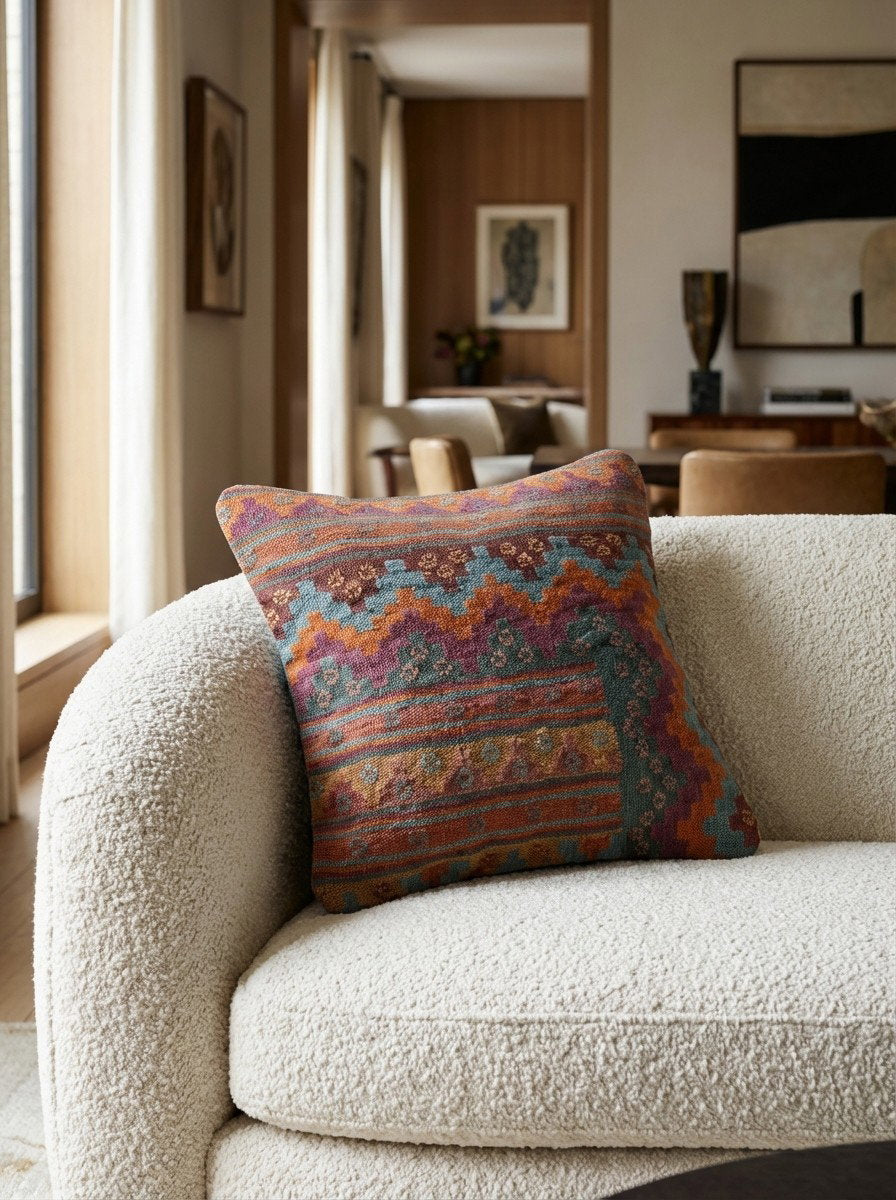 Kelim Kissen — Handgefertigt, 50x50 cm, Bunt, 100% Virgin Wool | Detail view