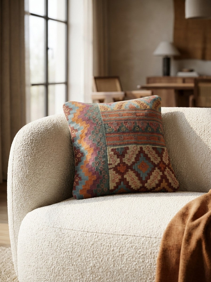 Kelim Kissen — Handmade, 50x50 cm, Multicolor, 100% Virgin Wool | Detail view
