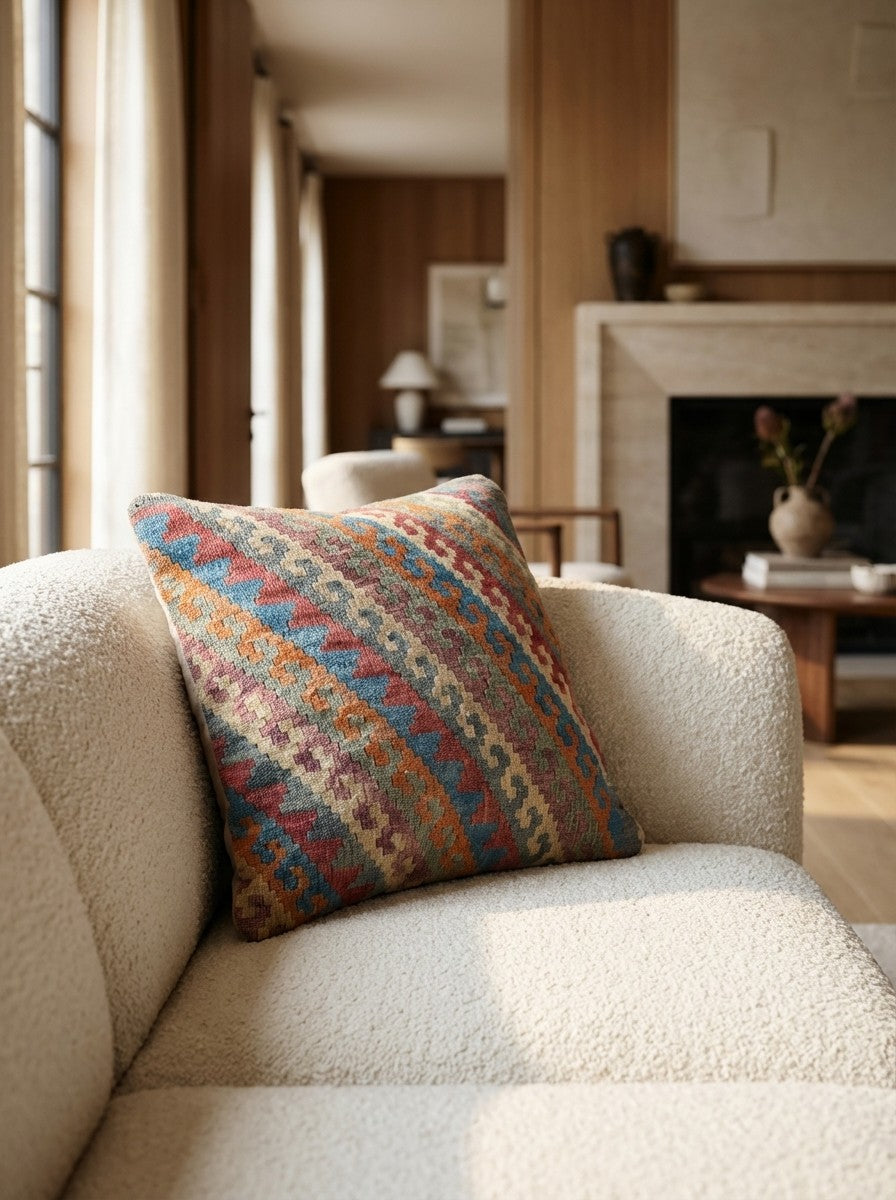 Kelim Kissen — Handmade, 50x50 cm, Multicolor, 100% Virgin Wool | Detail view