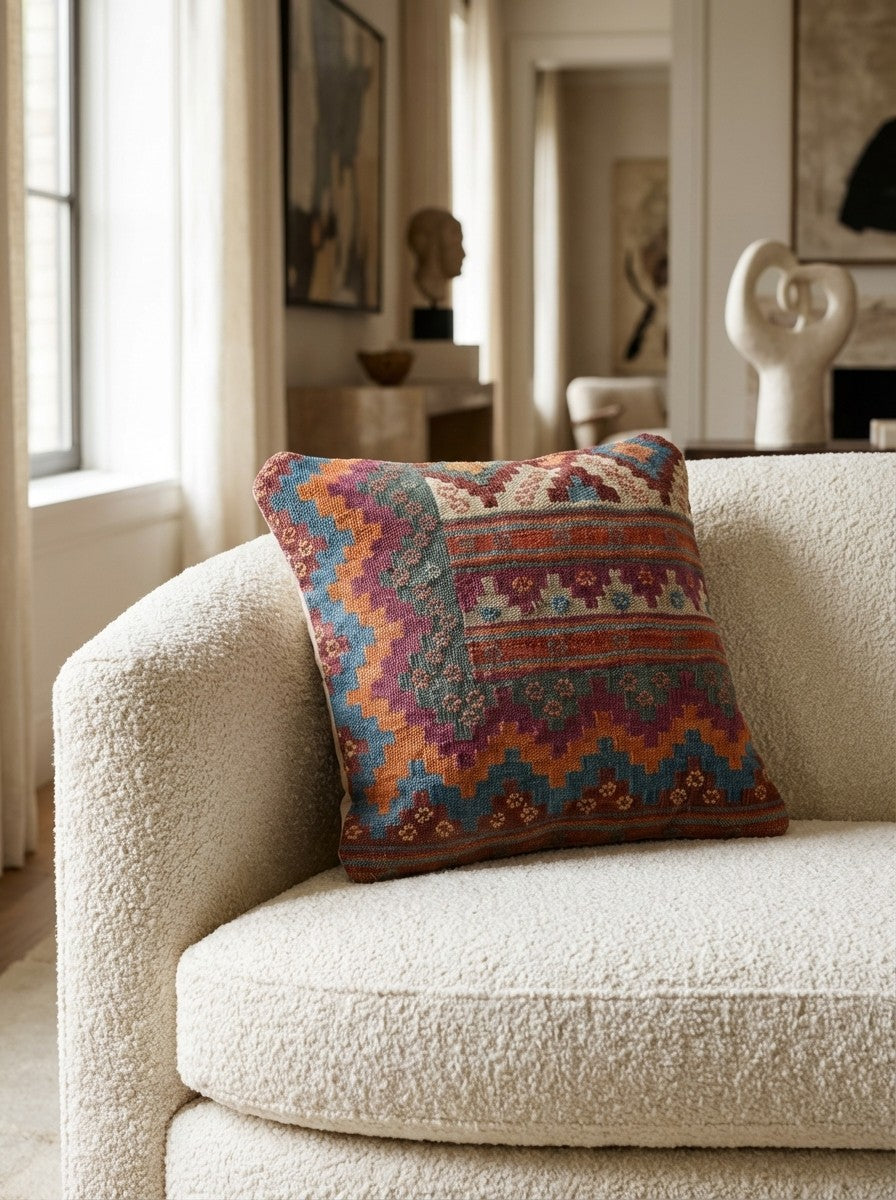 Kelim Kissen — Handmade, 50x50 cm, Multicolor, 100% Virgin Wool | Detail view