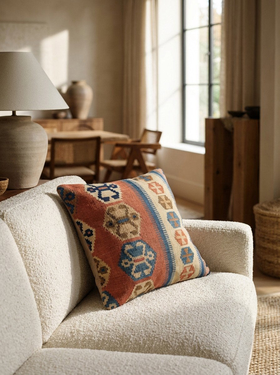 Kelim Kissen — Handgefertigt, 50x50 cm, Bunt, 100% Virgin Wool | Detail view