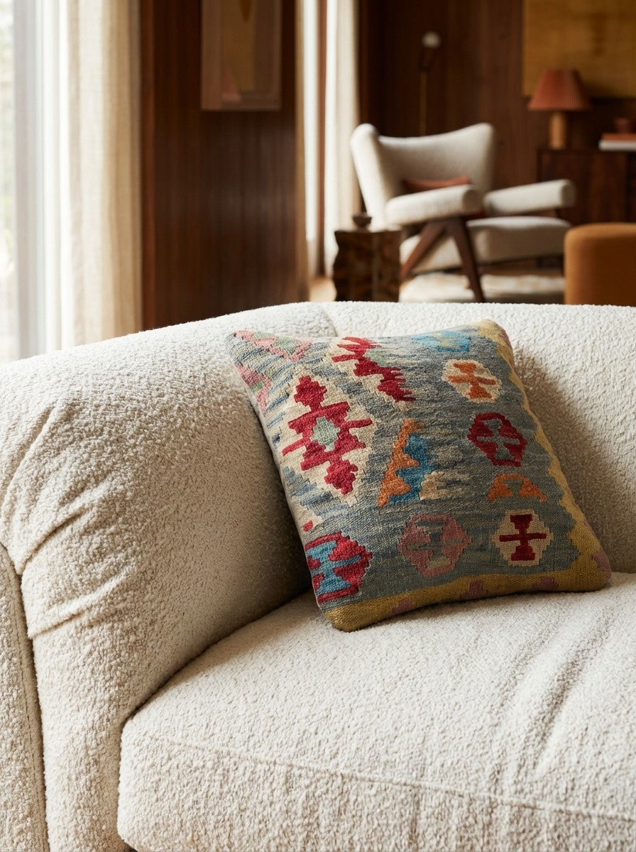Kelim Kissen — Handmade, 50x50 cm, Multicolor, 100% Virgin Wool | Detail view
