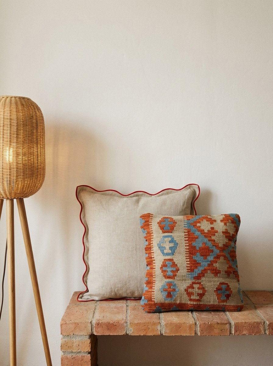 Kelim Kissen — Handgefertigt, 50x50 cm, Bunt, 100% Virgin Wool | Detail view