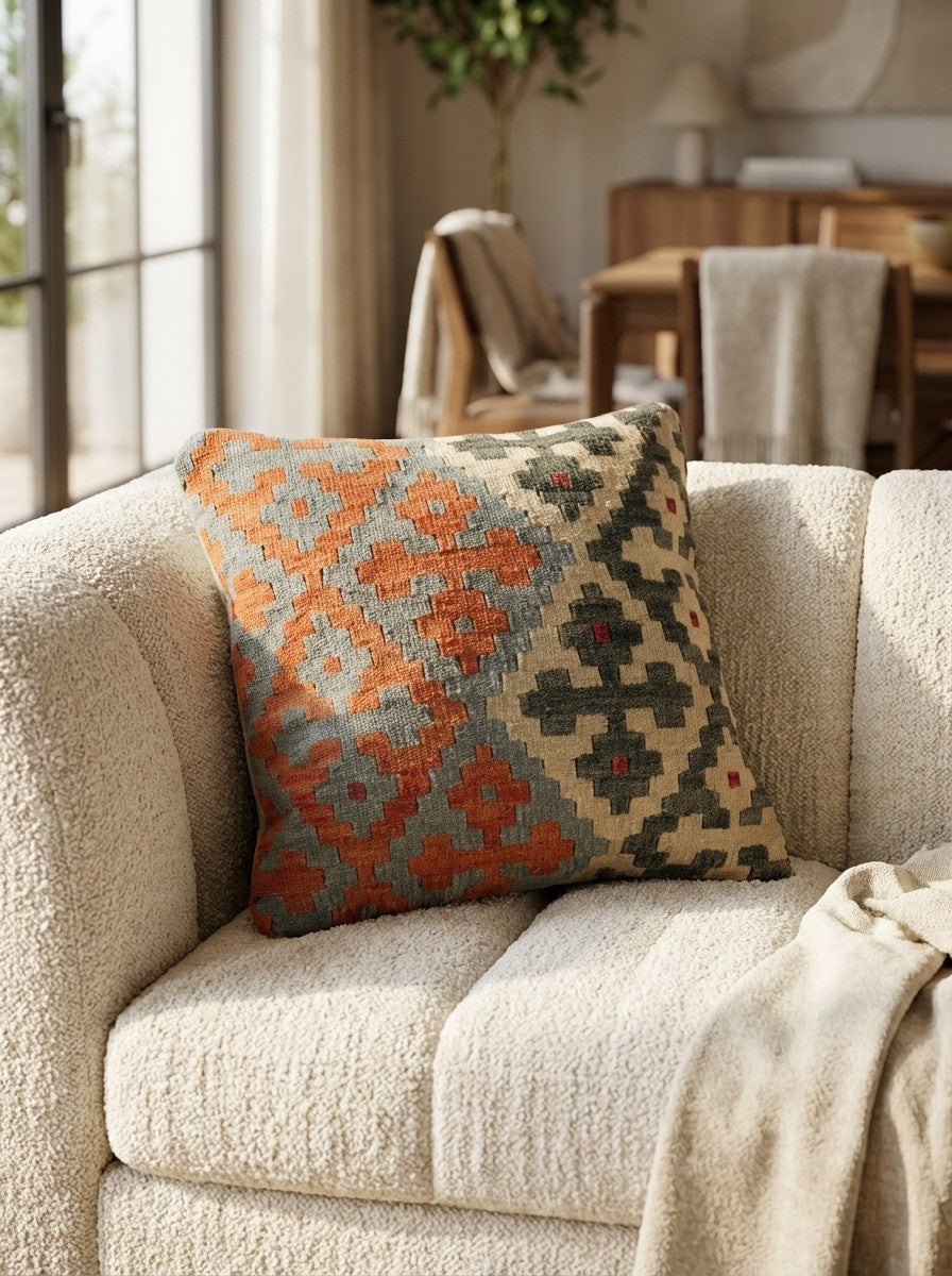 Kelim Kissen — Handmade, 50x50 cm, Multicolor, 100% Virgin Wool | Detail view