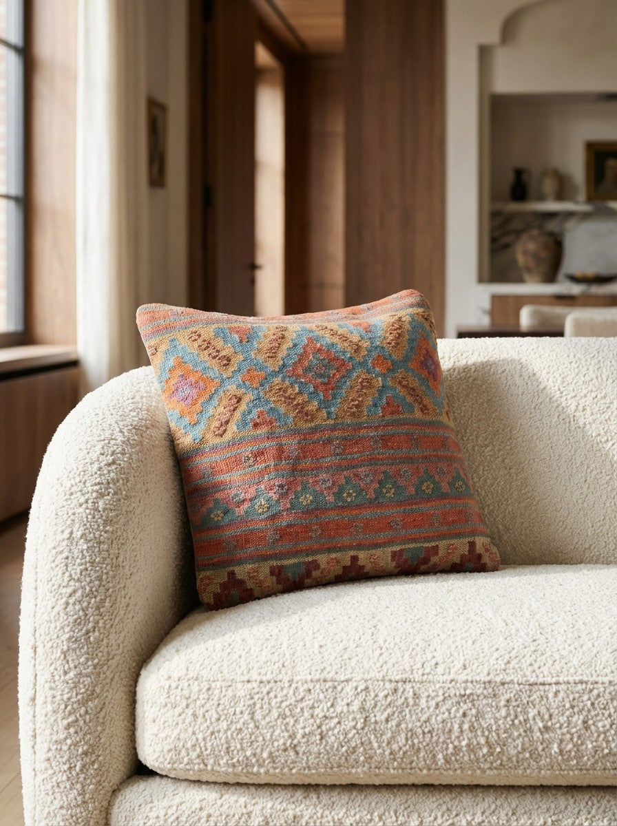 Kelim Kissen — Handmade, 50x50 cm, Multicolor, 100% Virgin Wool | Detail view