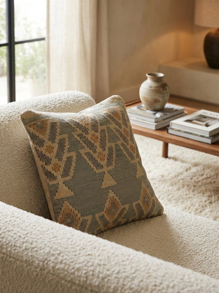 Kelim Kissen — Handgefertigt, 65x65 cm, Bunt, 100% Virgin Wool | Detail view