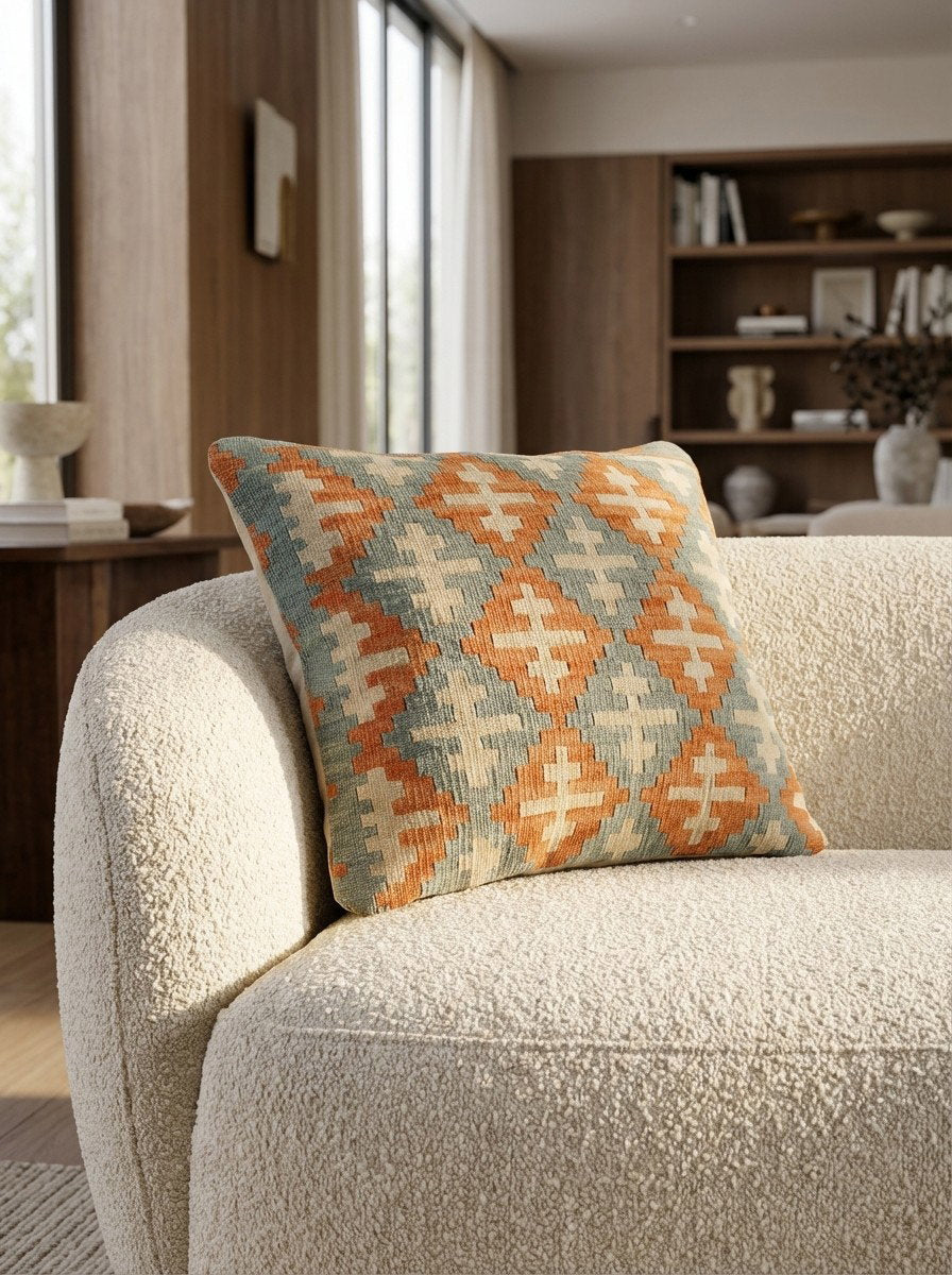 Kelim Kissen — Handgefertigt, 65x65 cm, Bunt, 100% Virgin Wool | Detail view