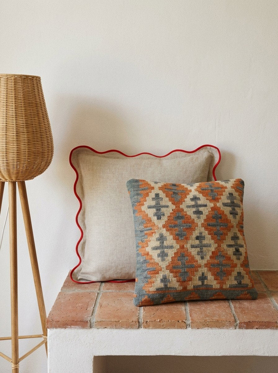 Kelim Kissen — Handgefertigt, 65x65 cm, Bunt, 100% Virgin Wool | Back view