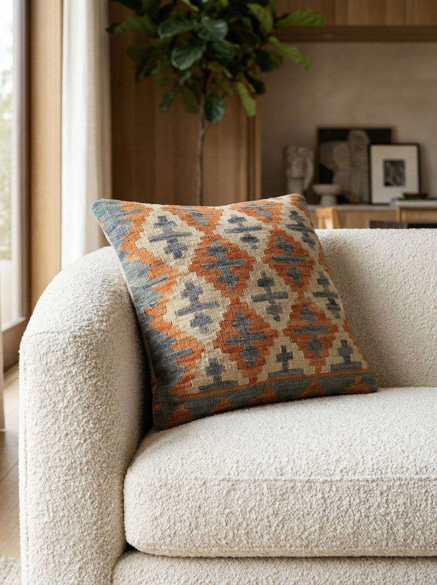 Kelim Kissen — Handmade, 65x65 cm, Multicolor, 100% Virgin Wool | Detail view