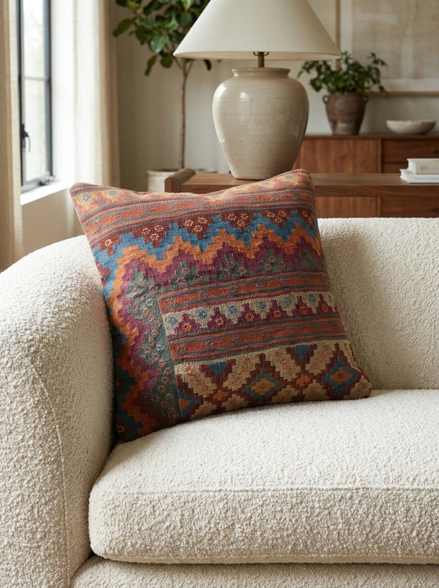 Kelim Kissen — Handgefertigt, 65x65 cm, Bunt, 100% Virgin Wool | Detail view