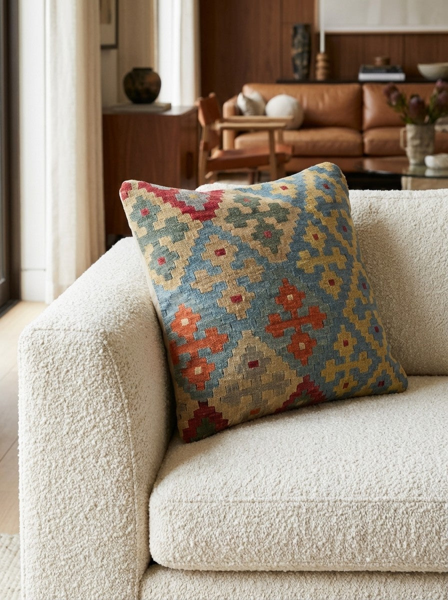 Kelim Kissen — Handmade, 65x65 cm, Multicolor, 100% Virgin Wool | Detail view