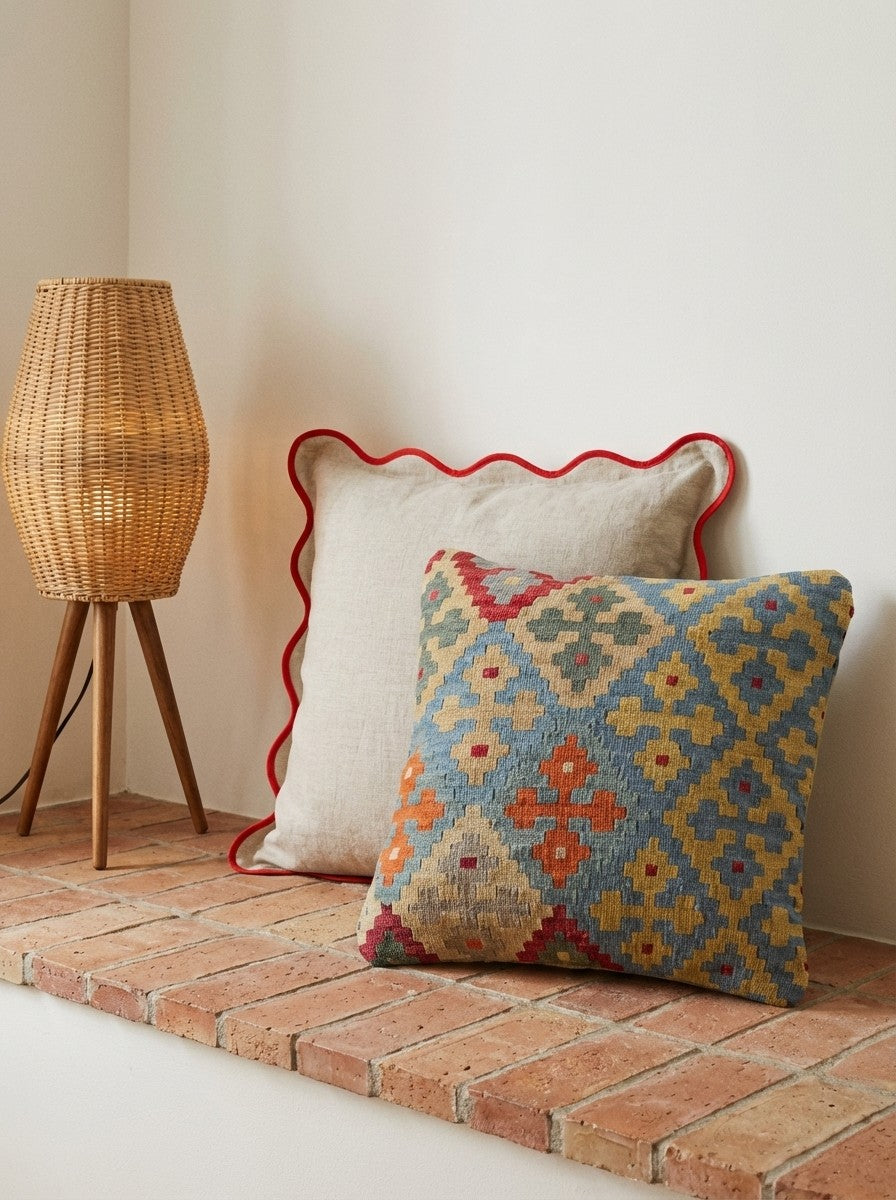Kelim Kissen — Handmade, 65x65 cm, Multicolor, 100% Virgin Wool | Back view