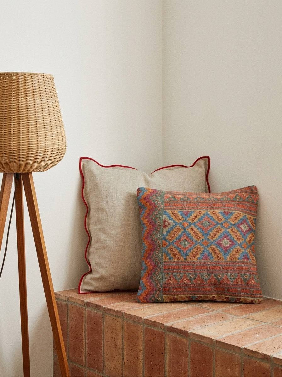 Kelim Kissen — Handmade, 65x65 cm, Multicolor, 100% Virgin Wool | Back view