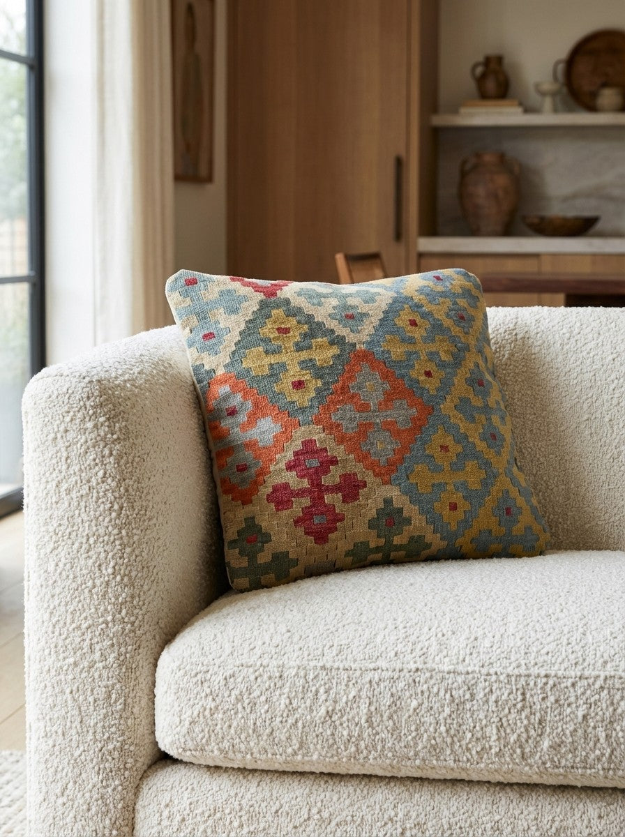 Kelim Kissen — Handmade, 65x65 cm, Multicolor, 100% Virgin Wool | Detail view