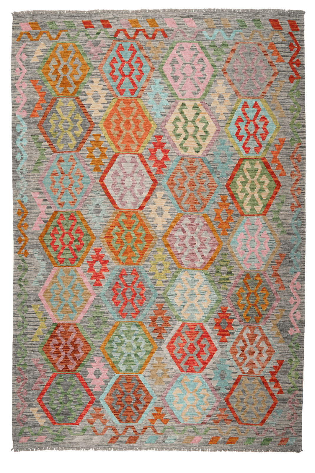 Kelim — Handmade, 202x294 cm, Grey, 100% Virgin Wool | Main view