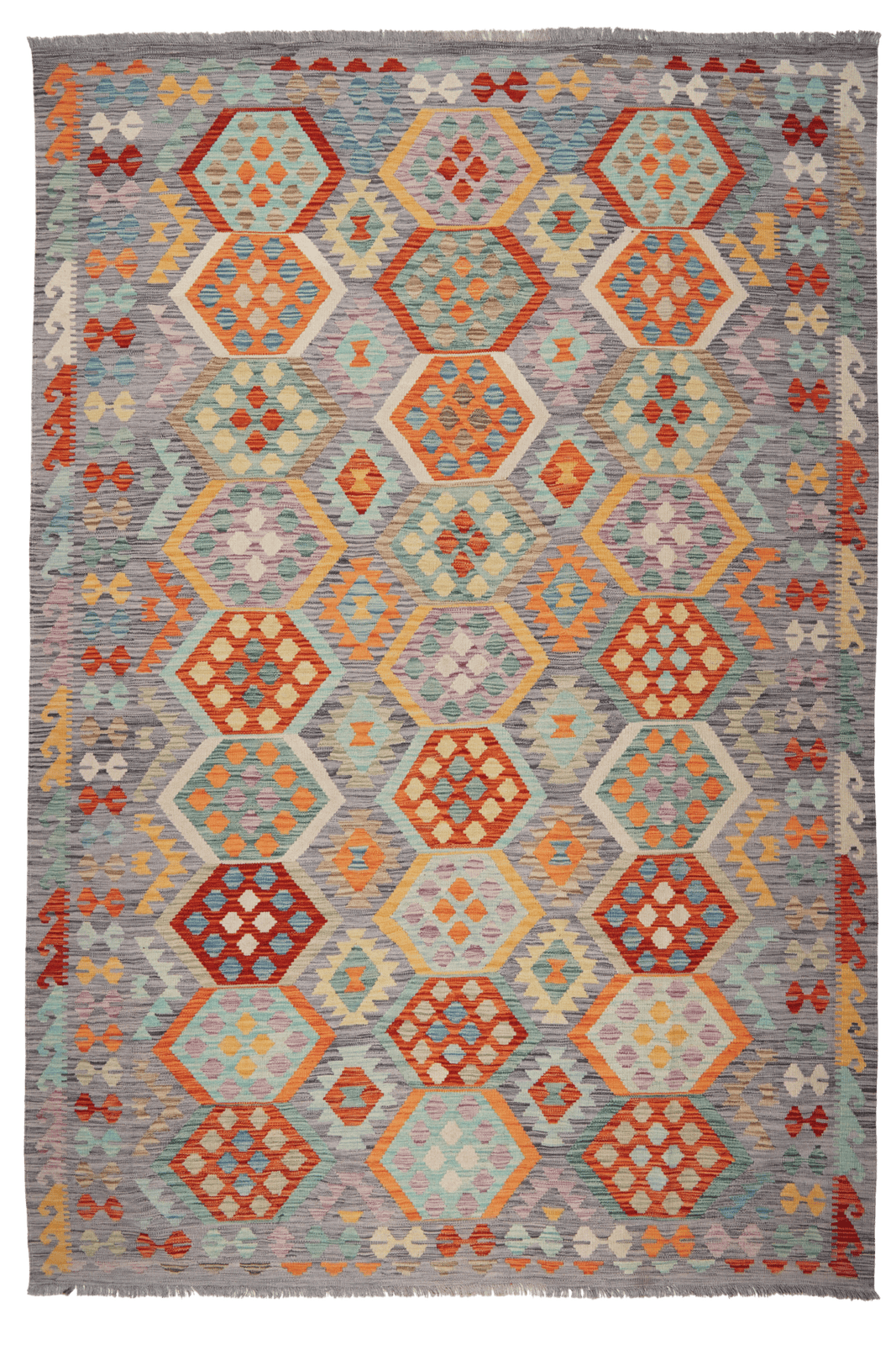 Kelim — Handmade, 200x296 cm, Grey, 100% Virgin Wool | Main view