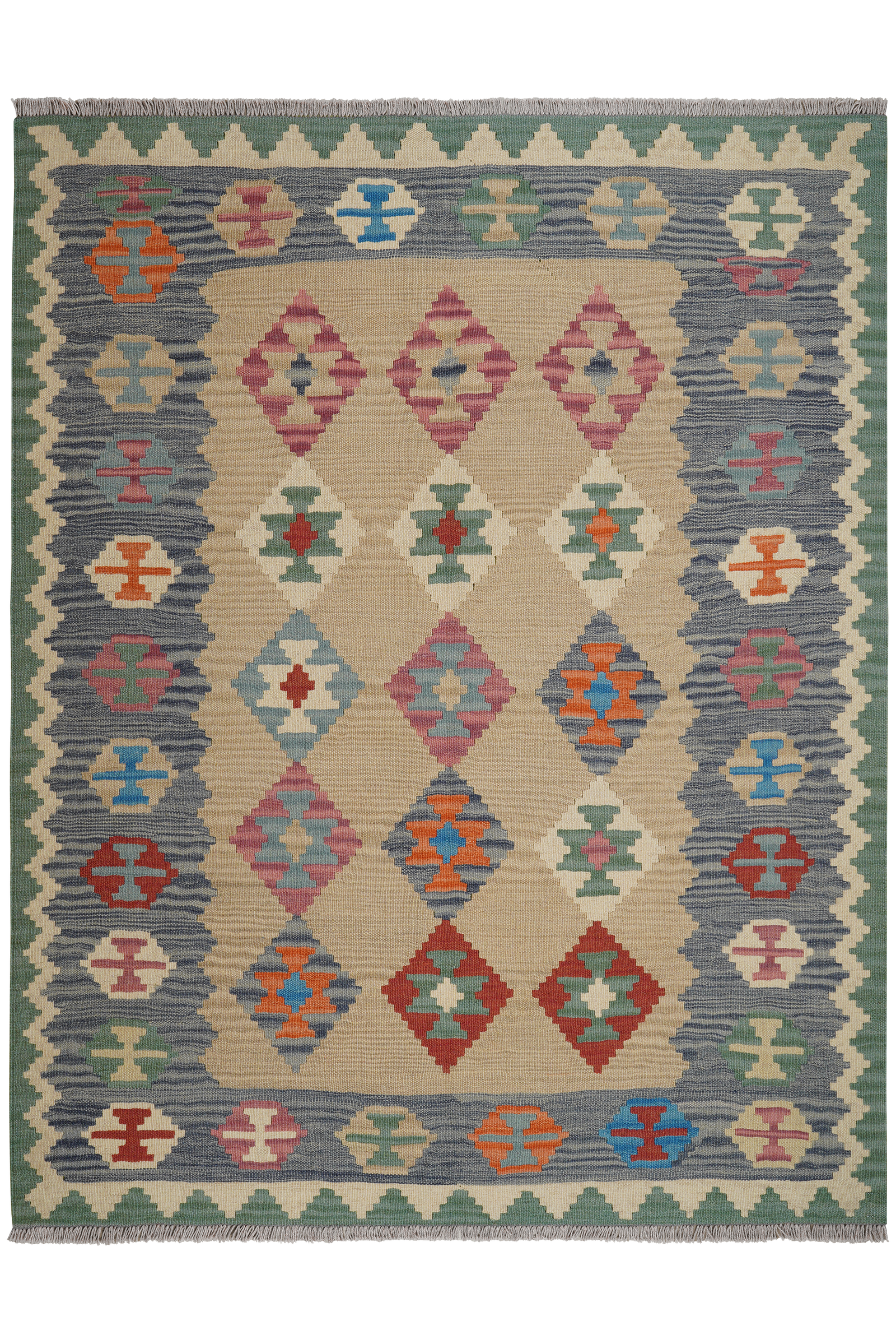 Kelim Gashgai — Handgefertigt, 202x159 cm, Grau, 100% Virgin Wool | Main view