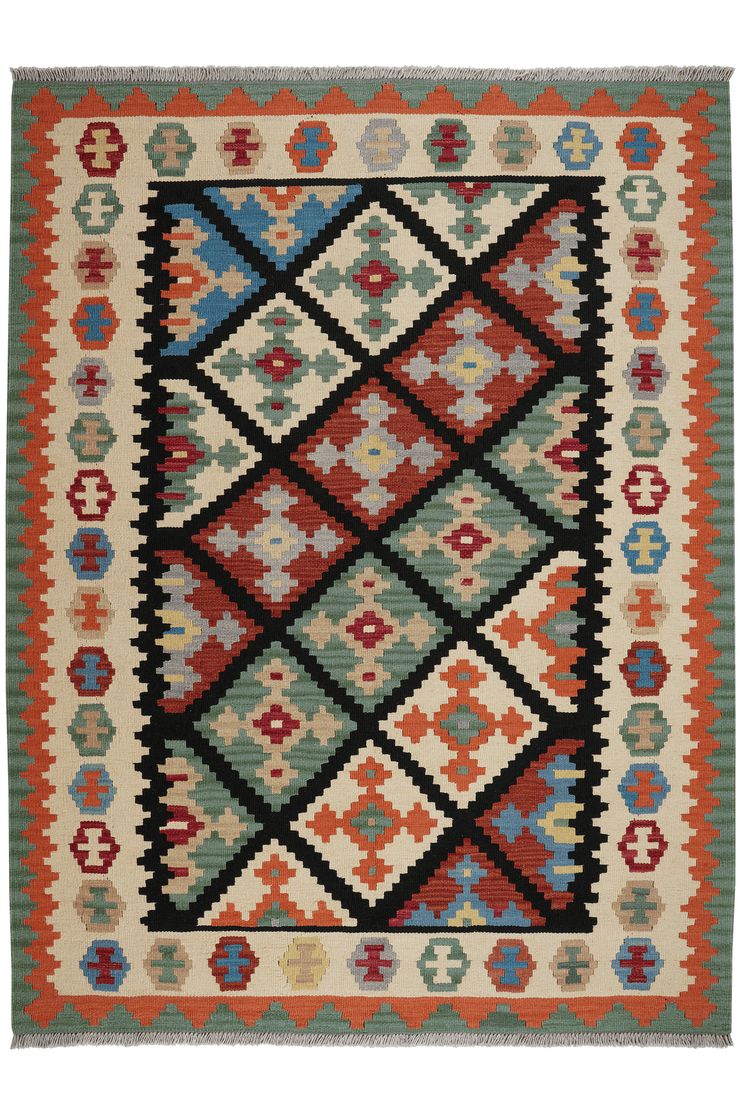 Kelim Gashgai — Handmade, 151x199 cm, Black, 100% Virgin Wool | Main view